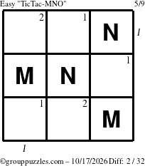 The grouppuzzles.com Easy TicTac-MNO puzzle for Saturday October 17, 2026 with all 2 steps marked