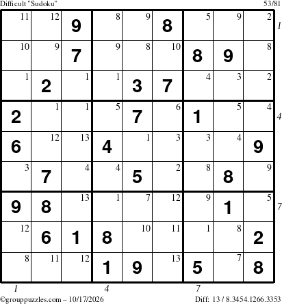 The grouppuzzles.com Difficult Sudoku puzzle for Saturday October 17, 2026, suitable for printing, with all 13 steps marked