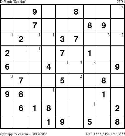 The grouppuzzles.com Difficult Sudoku puzzle for Saturday October 17, 2026 with the first 3 steps marked
