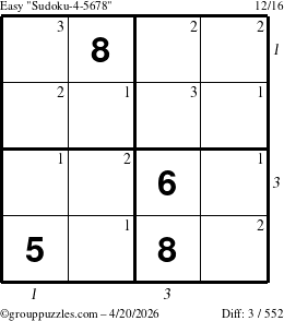 The grouppuzzles.com Easy Sudoku-4-5678 puzzle for Monday April 20, 2026, suitable for printing, with all 3 steps marked