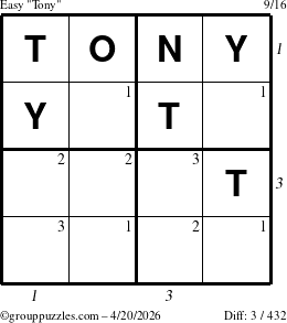 The grouppuzzles.com Easy Tony puzzle for Monday April 20, 2026 with all 3 steps marked