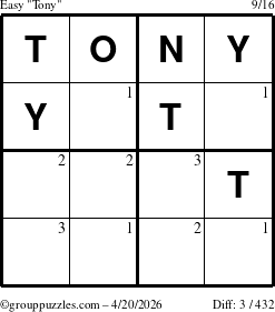 The grouppuzzles.com Easy Tony puzzle for Monday April 20, 2026 with the first 3 steps marked