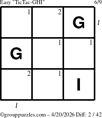 The grouppuzzles.com Easy TicTac-GHI puzzle for Monday April 20, 2026 with all 2 steps marked