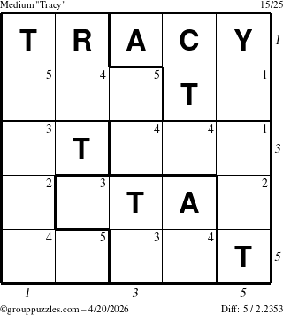 The grouppuzzles.com Medium Tracy puzzle for Monday April 20, 2026, suitable for printing, with all 5 steps marked
