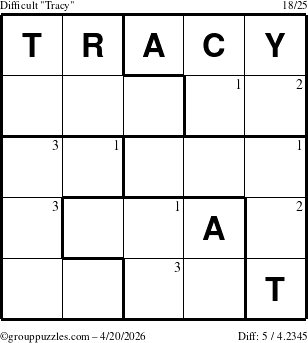 The grouppuzzles.com Difficult Tracy puzzle for Monday April 20, 2026 with the first 3 steps marked