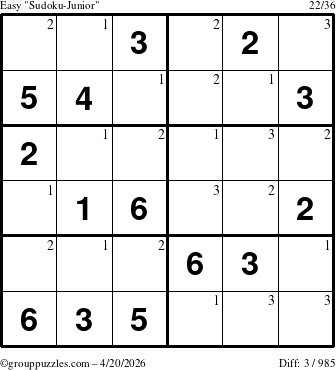 The grouppuzzles.com Easy Sudoku-Junior puzzle for Monday April 20, 2026 with the first 3 steps marked