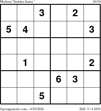 The grouppuzzles.com Medium Sudoku-Junior puzzle for Monday April 20, 2026
