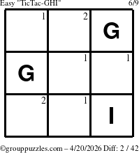 The grouppuzzles.com Easy TicTac-GHI puzzle for Monday April 20, 2026 with the first 2 steps marked
