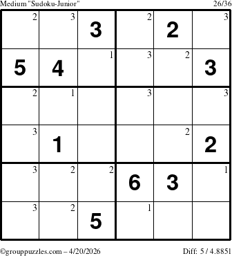 The grouppuzzles.com Medium Sudoku-Junior puzzle for Monday April 20, 2026 with the first 3 steps marked