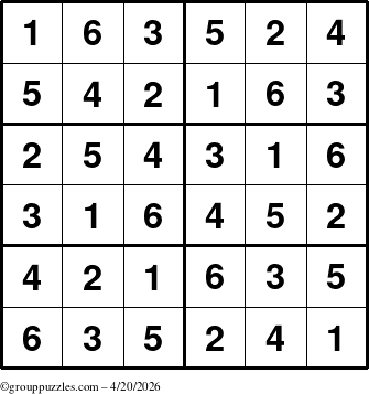 The grouppuzzles.com Answer grid for the Sudoku-Junior puzzle for Monday April 20, 2026