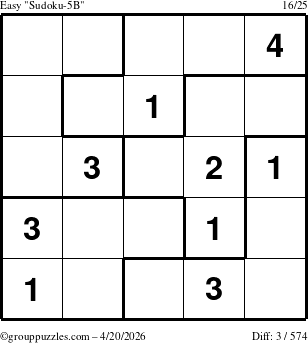 The grouppuzzles.com Easy Sudoku-5B puzzle for Monday April 20, 2026