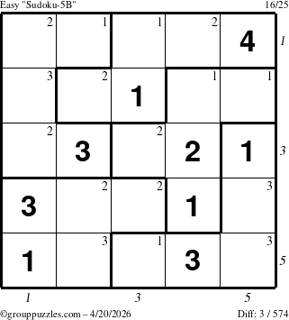 The grouppuzzles.com Easy Sudoku-5B puzzle for Monday April 20, 2026, suitable for printing, with all 3 steps marked