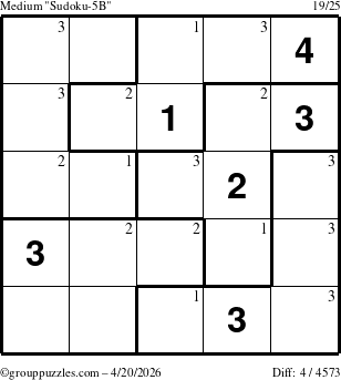 The grouppuzzles.com Medium Sudoku-5B puzzle for Monday April 20, 2026 with the first 3 steps marked