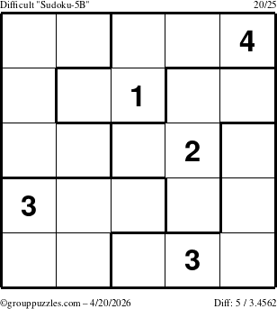 The grouppuzzles.com Difficult Sudoku-5B puzzle for Monday April 20, 2026