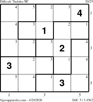 The grouppuzzles.com Difficult Sudoku-5B puzzle for Monday April 20, 2026, suitable for printing, with all 5 steps marked