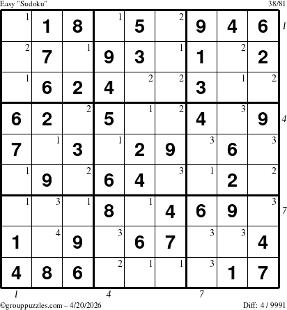 The grouppuzzles.com Easy Sudoku puzzle for Monday April 20, 2026 with all 4 steps marked