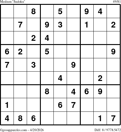 The grouppuzzles.com Medium Sudoku puzzle for Monday April 20, 2026