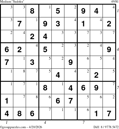 The grouppuzzles.com Medium Sudoku puzzle for Monday April 20, 2026, suitable for printing, with all 8 steps marked