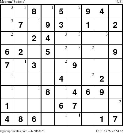 The grouppuzzles.com Medium Sudoku puzzle for Monday April 20, 2026 with the first 3 steps marked