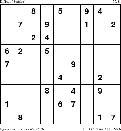 The grouppuzzles.com Difficult Sudoku puzzle for Monday April 20, 2026