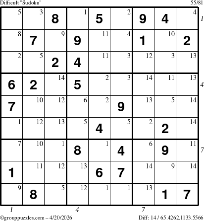 The grouppuzzles.com Difficult Sudoku puzzle for Monday April 20, 2026 with all 14 steps marked