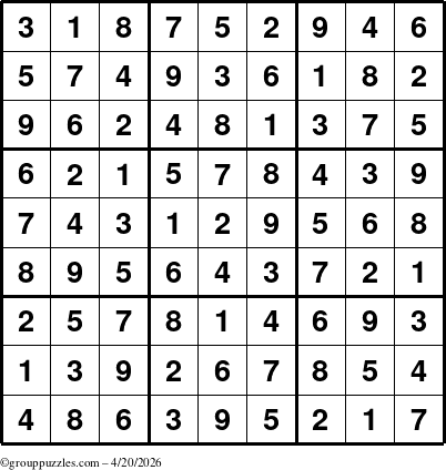 The grouppuzzles.com Answer grid for the Sudoku puzzle for Monday April 20, 2026