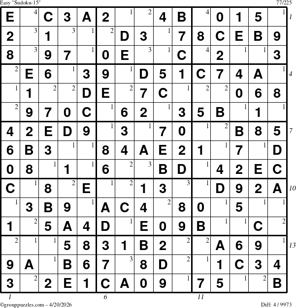 The grouppuzzles.com Easy Sudoku-15 puzzle for Monday April 20, 2026 with all 4 steps marked
