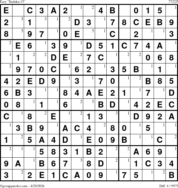 The grouppuzzles.com Easy Sudoku-15 puzzle for Monday April 20, 2026 with the first 3 steps marked