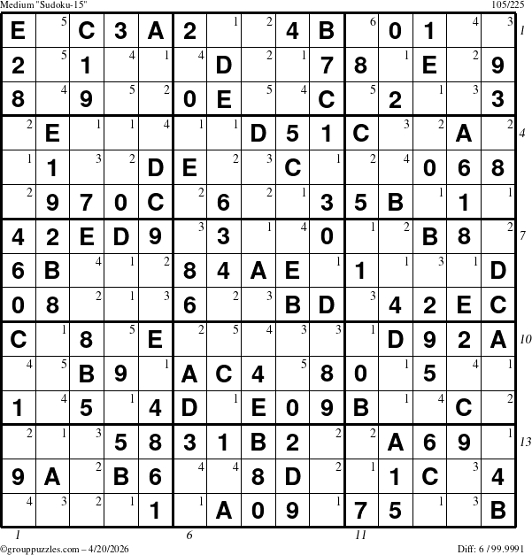 The grouppuzzles.com Medium Sudoku-15 puzzle for Monday April 20, 2026, suitable for printing, with all 6 steps marked