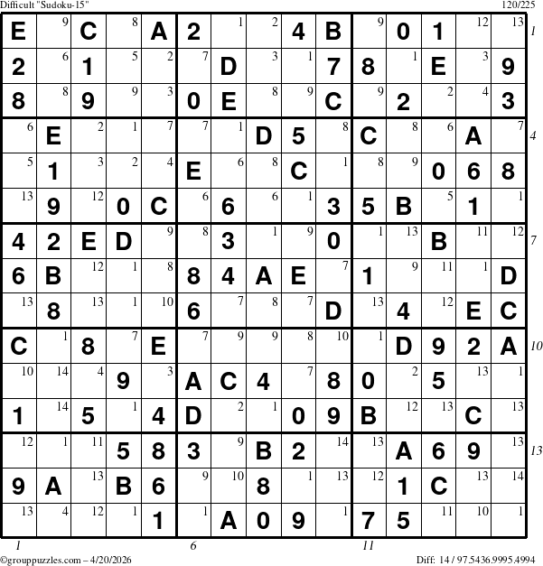 The grouppuzzles.com Difficult Sudoku-15 puzzle for Monday April 20, 2026, suitable for printing, with all 14 steps marked