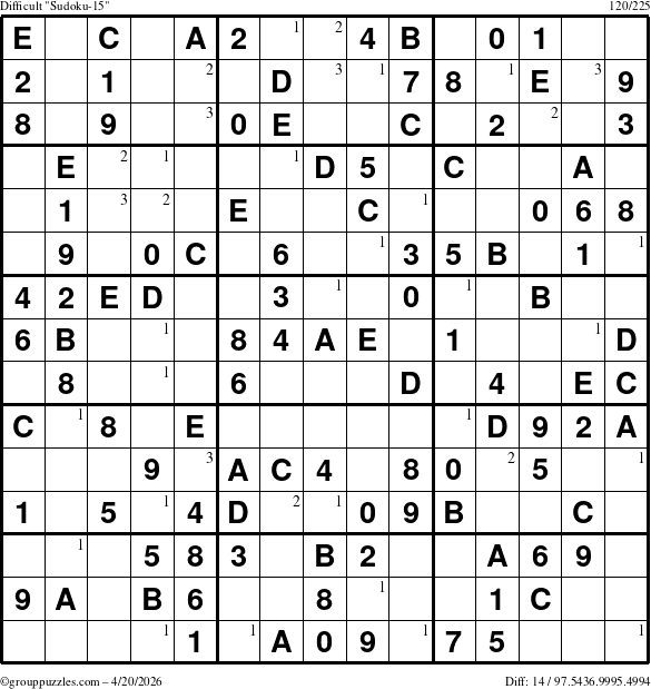 The grouppuzzles.com Difficult Sudoku-15 puzzle for Monday April 20, 2026 with the first 3 steps marked