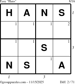 The grouppuzzles.com Easy Hans puzzle for Saturday November 15, 2025 with all 2 steps marked