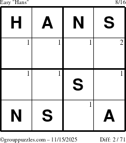The grouppuzzles.com Easy Hans puzzle for Saturday November 15, 2025 with the first 2 steps marked