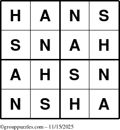 The grouppuzzles.com Answer grid for the Hans puzzle for Saturday November 15, 2025