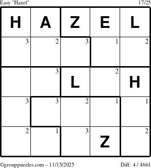 The grouppuzzles.com Easy Hazel puzzle for Saturday November 15, 2025 with the first 3 steps marked