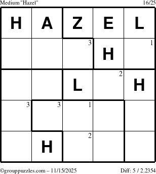 The grouppuzzles.com Medium Hazel puzzle for Saturday November 15, 2025 with the first 3 steps marked