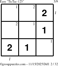 The grouppuzzles.com Easy TicTac-123 puzzle for Saturday November 15, 2025, suitable for printing, with all 2 steps marked