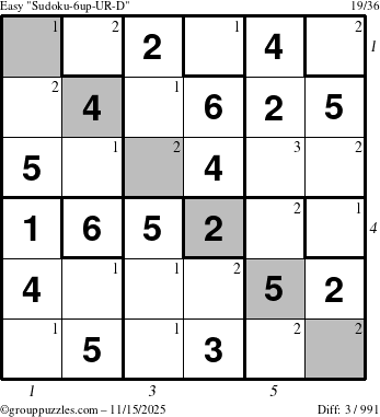 The grouppuzzles.com Easy Sudoku-6up-UR-D puzzle for Saturday November 15, 2025 with all 3 steps marked