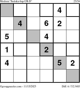 The grouppuzzles.com Medium Sudoku-6up-UR-D puzzle for Saturday November 15, 2025