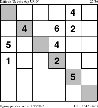 The grouppuzzles.com Difficult Sudoku-6up-UR-D puzzle for Saturday November 15, 2025