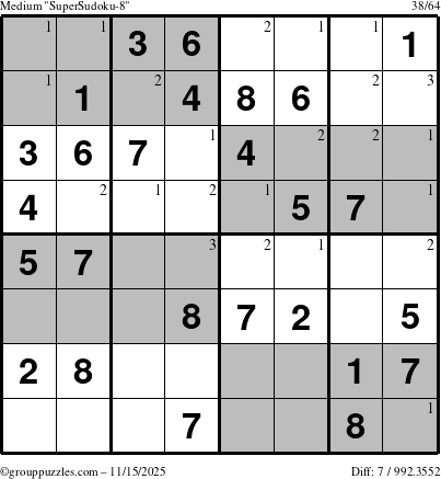 The grouppuzzles.com Medium SuperSudoku-8 puzzle for Saturday November 15, 2025 with the first 3 steps marked