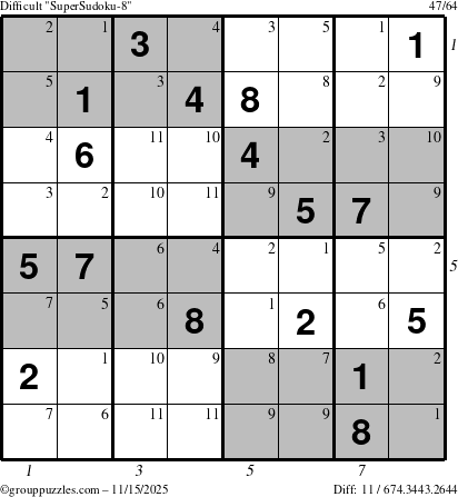 The grouppuzzles.com Difficult SuperSudoku-8 puzzle for Saturday November 15, 2025, suitable for printing, with all 11 steps marked
