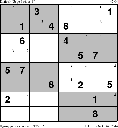 The grouppuzzles.com Difficult SuperSudoku-8 puzzle for Saturday November 15, 2025 with the first 3 steps marked