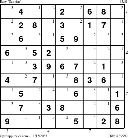 The grouppuzzles.com Easy Sudoku puzzle for Saturday November 15, 2025, suitable for printing, with all 4 steps marked