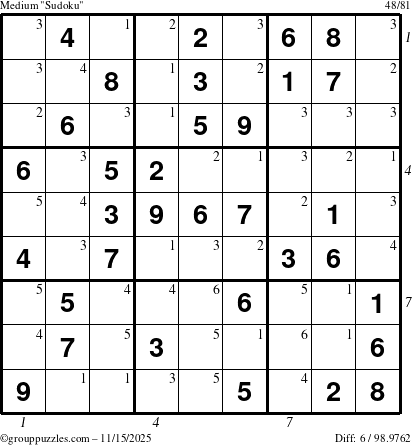 The grouppuzzles.com Medium Sudoku puzzle for Saturday November 15, 2025 with all 6 steps marked