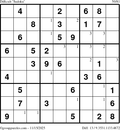 The grouppuzzles.com Difficult Sudoku puzzle for Saturday November 15, 2025 with the first 3 steps marked