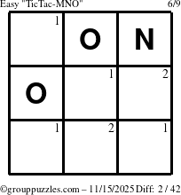 The grouppuzzles.com Easy TicTac-MNO puzzle for Saturday November 15, 2025 with the first 2 steps marked