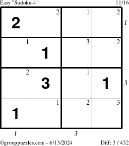 The grouppuzzles.com Easy Sudoku-4 puzzle for Thursday June 13, 2024 with all 3 steps marked