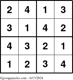 The grouppuzzles.com Answer grid for the Sudoku-4 puzzle for Thursday June 13, 2024