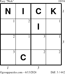 The grouppuzzles.com Easy Nick puzzle for Thursday June 13, 2024 with all 3 steps marked